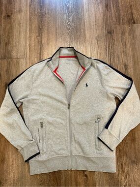 Polo Ralph Lauren Full Zip Track Jacket Gray Navy Trim Men’s M 100% Cotton